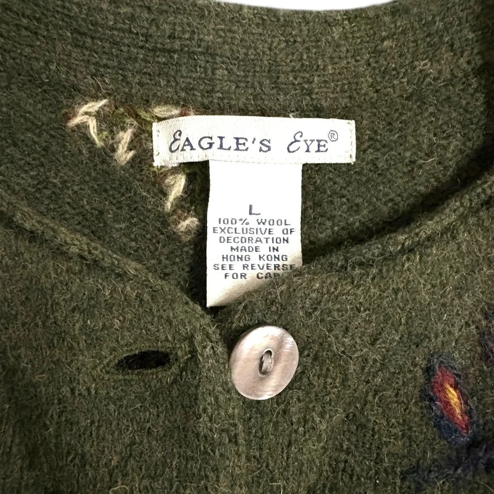 Eagle's Eye Vintage Womens Large Wool Embroidered Leaf Cardigan Olive Green L - Picture 5 of 5